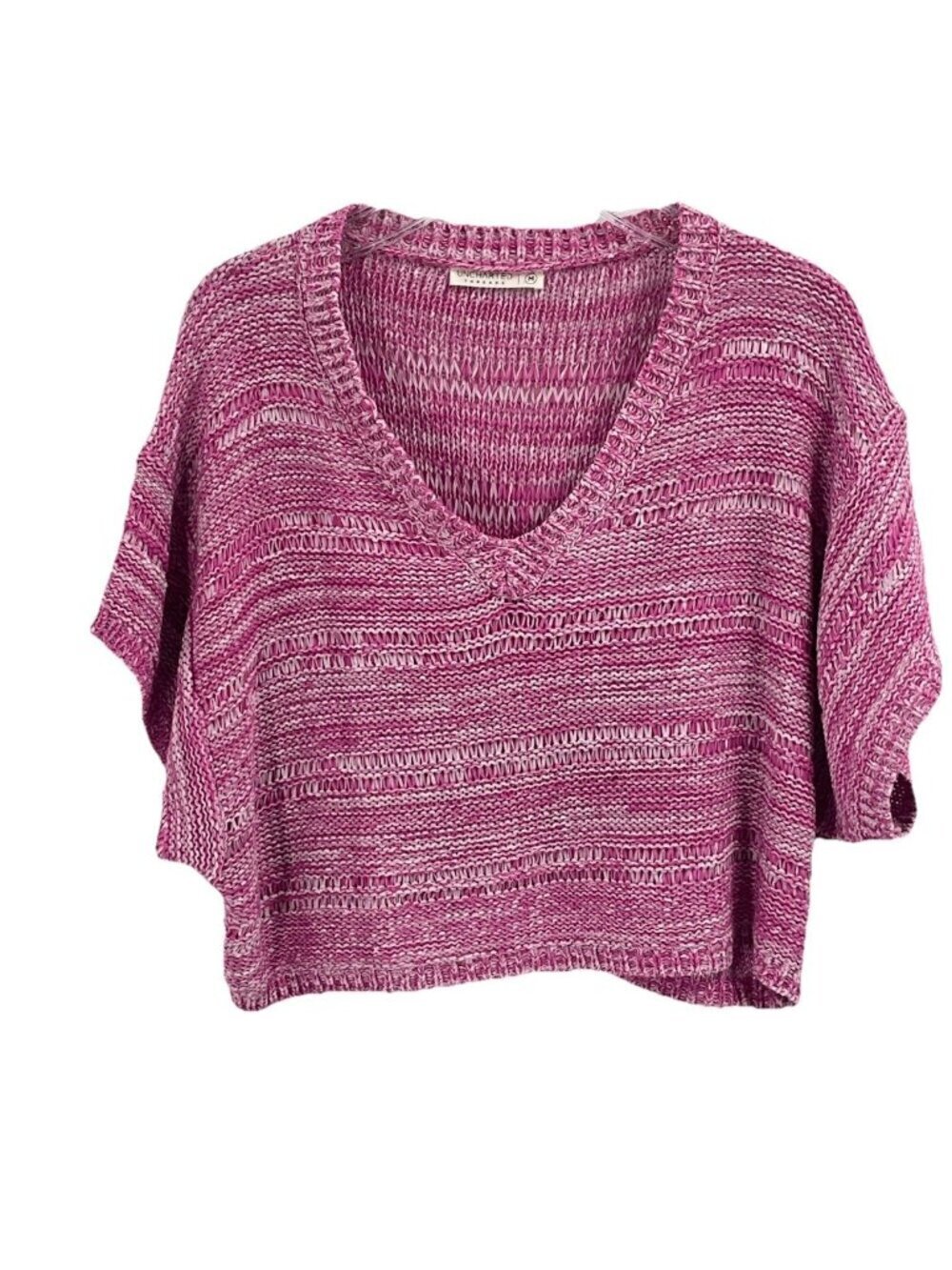 Pink Open Knit V Neck Sweater Sz M Crochet Coquette Boho Chic Festival Cropped